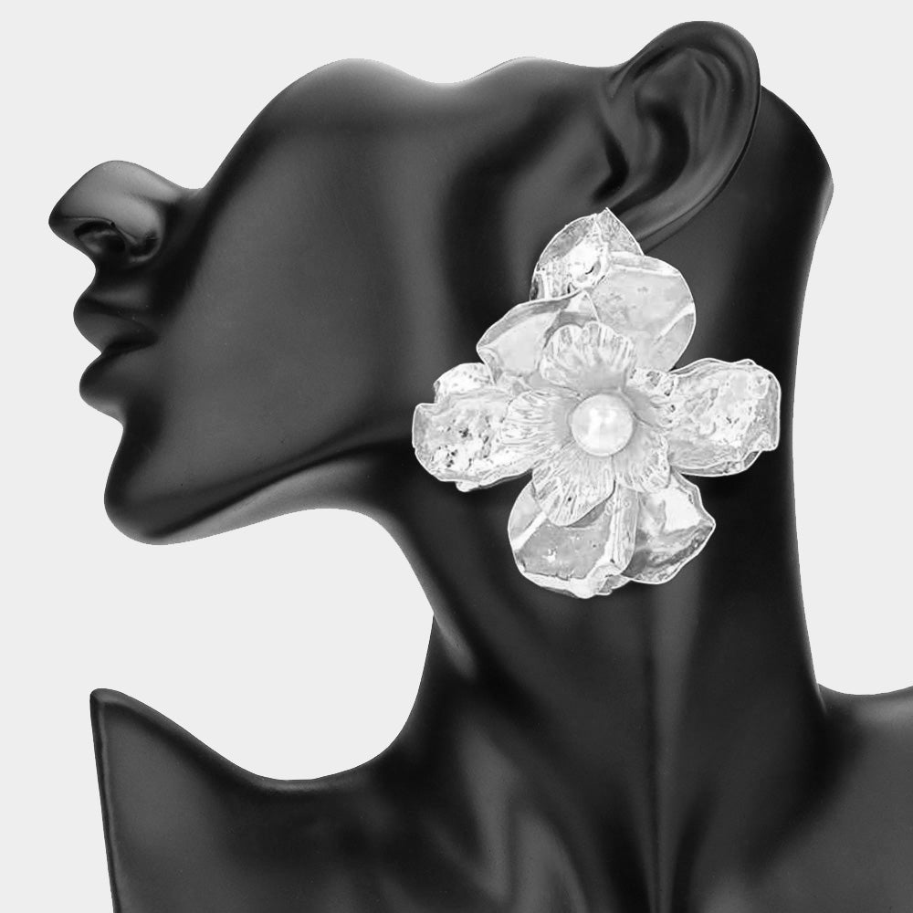 Oversized Pearl Pointed Hammered Metal Petal Flower Earrings