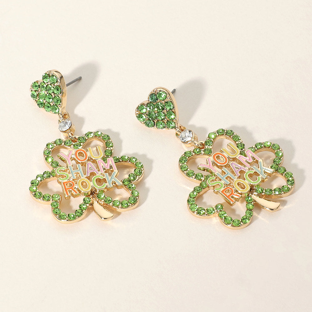 YOU SHAMROCK Message Pointed Stone Paved Shamrock Dangle Earrings
