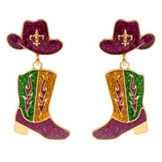 Enamel Glitter Mardi Gras Western Hat Boot Drop Dangle Earrings