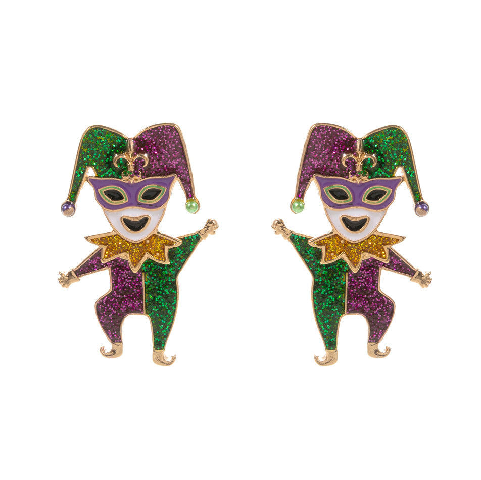 Glittered Enamel Mardi Gras Jester Earrings