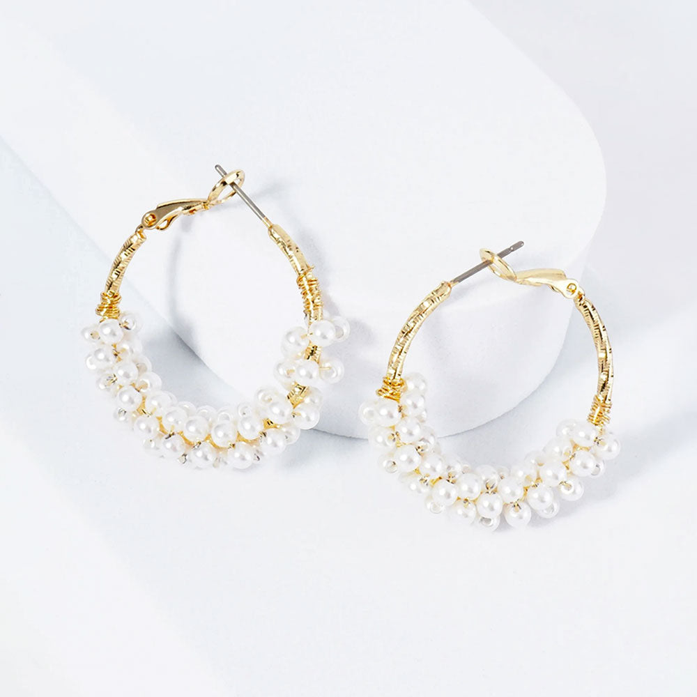Gold Plated Hypoallergenic Pearl Cluster Beaded Hoop Earrings