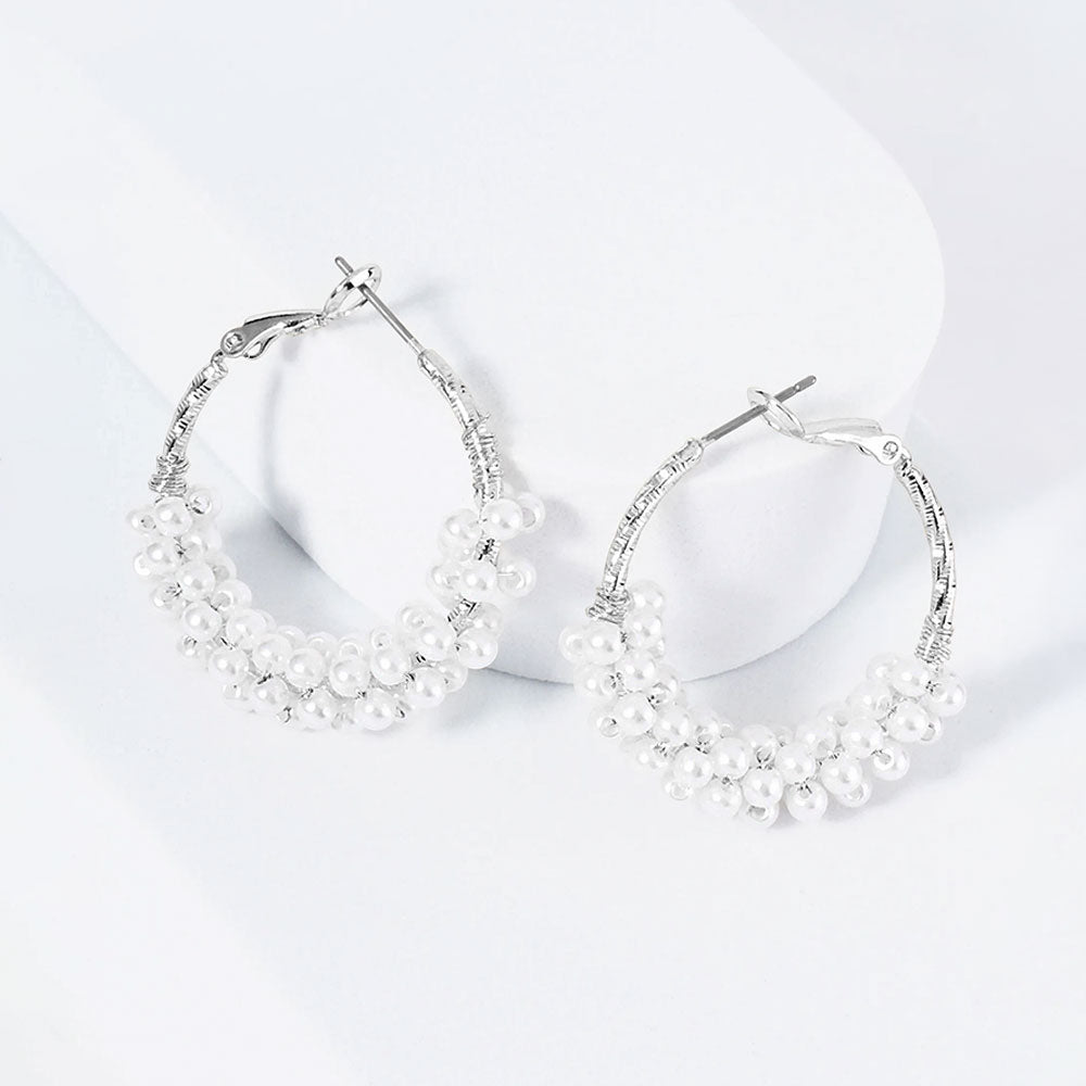 Rhodium Plated Hypoallergenic Pearl Cluster Beaded Hoop Earrings