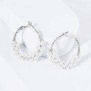 Rhodium Plated Hypoallergenic Pearl Cluster Beaded Hoop Earrings