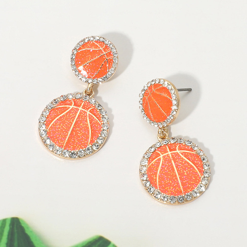 Rhinestone Rim Double Glitter Basketball Link Drop Earrings