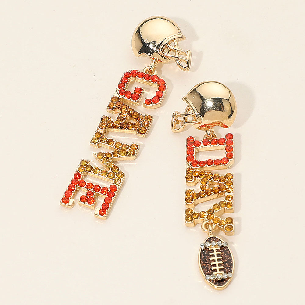 Rhinestone Paved GAME DAY Football Helmet Drop Dangle Earrings