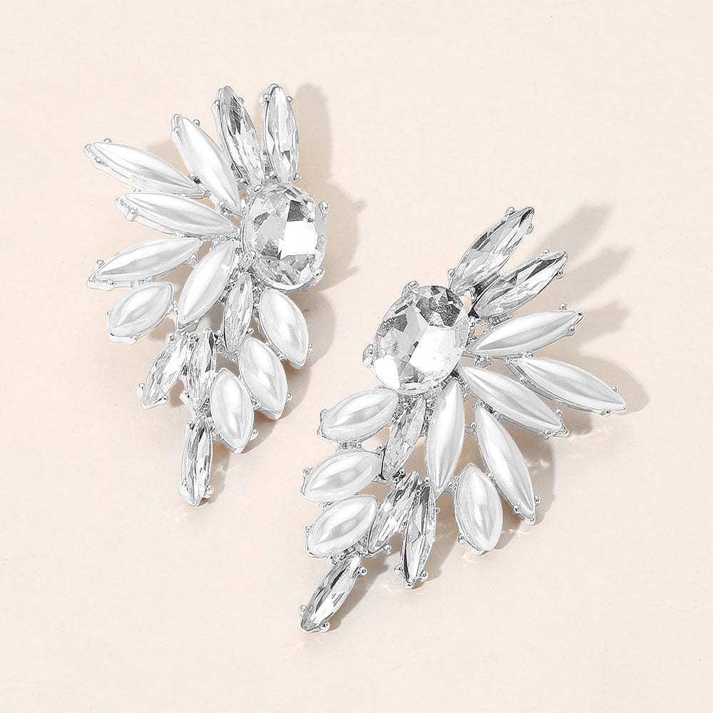 Marquise Pearl Stone Cluster Embellished Wing Fan Earrings