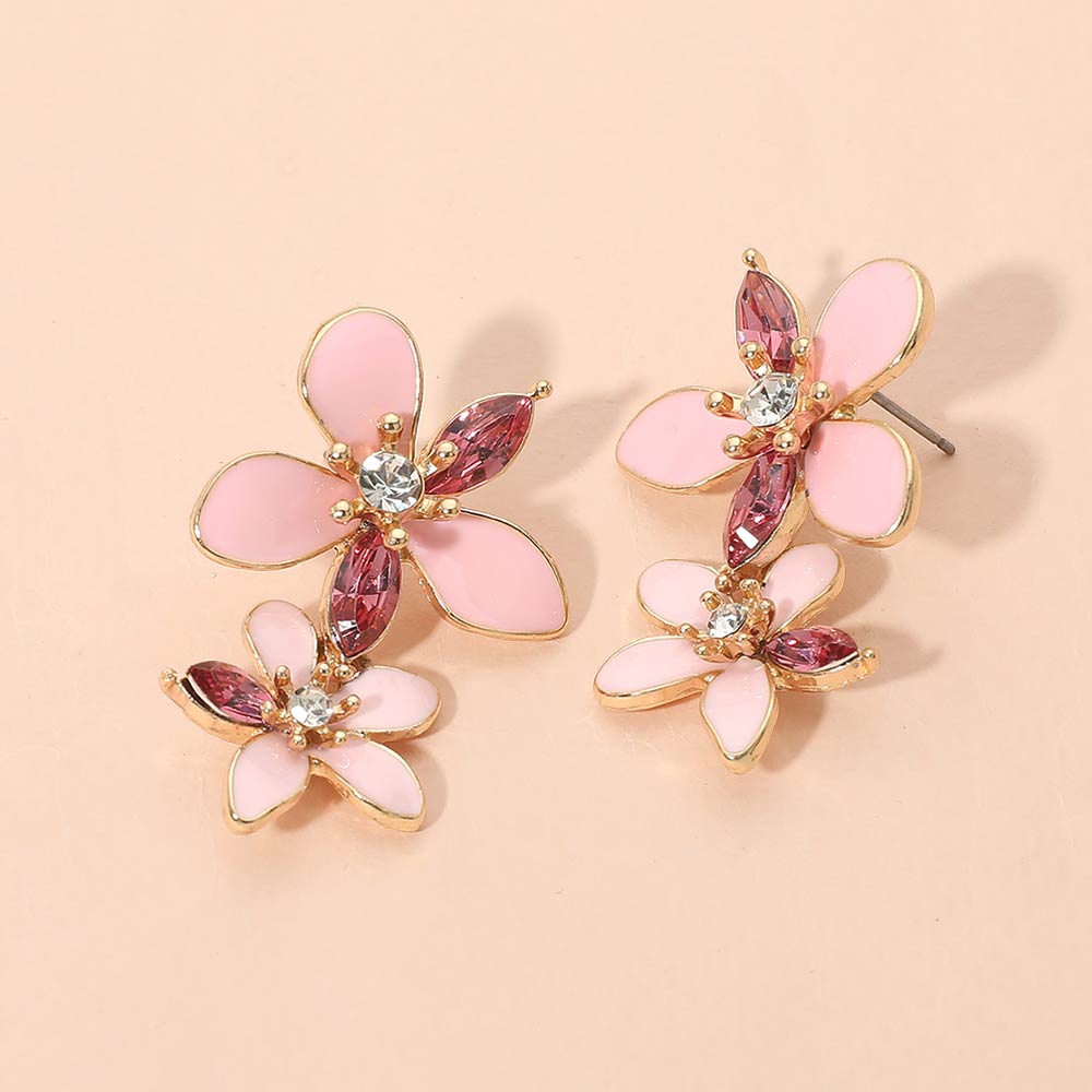 Stone Accent Enamel Double Flower Link Drop Earrings