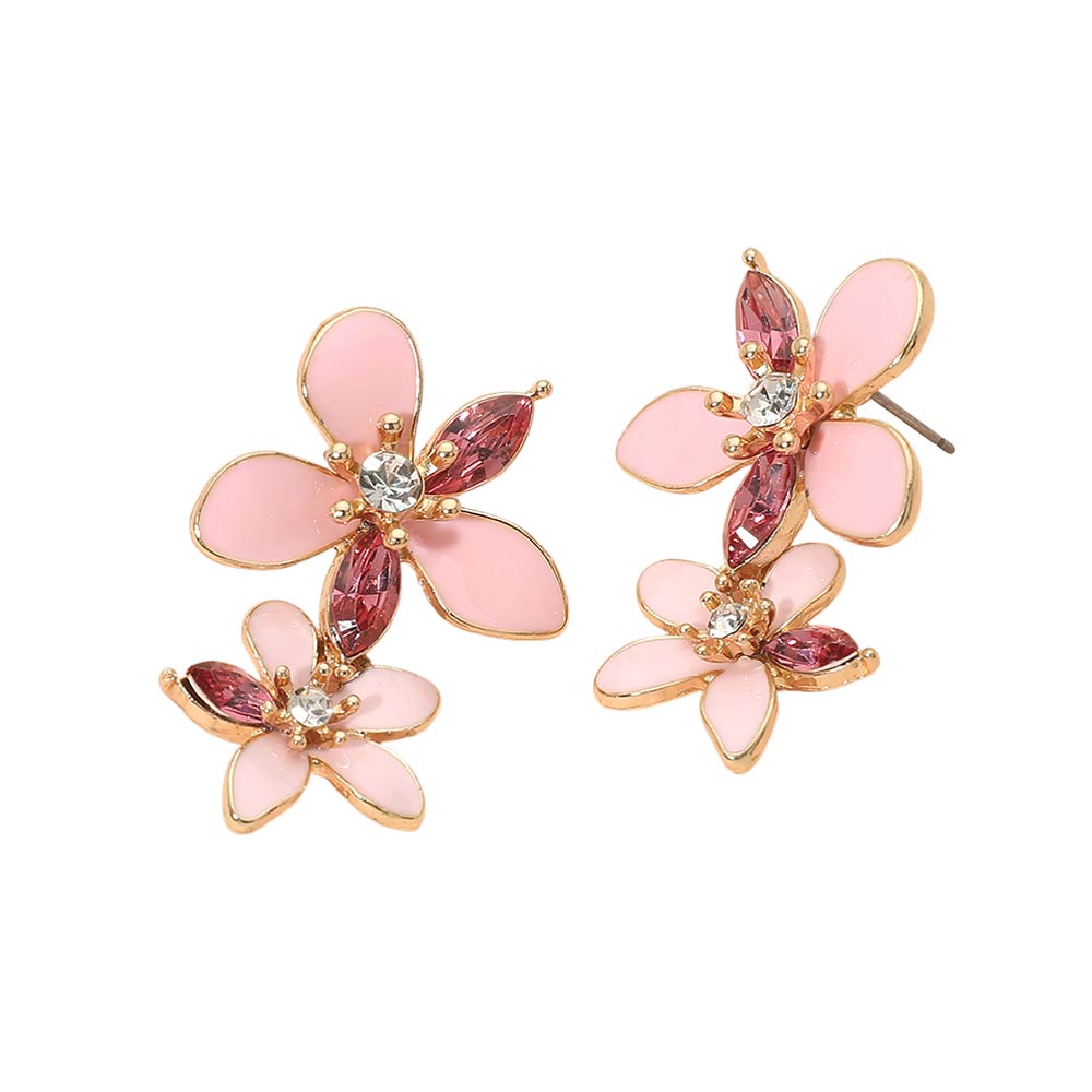Stone Accent Enamel Double Flower Link Drop Earrings