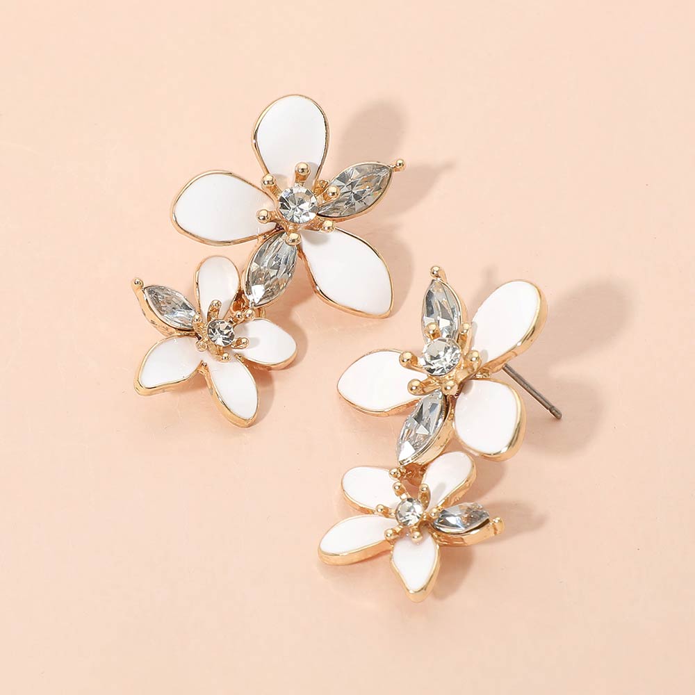 Stone Accent Enamel Double Flower Link Drop Earrings