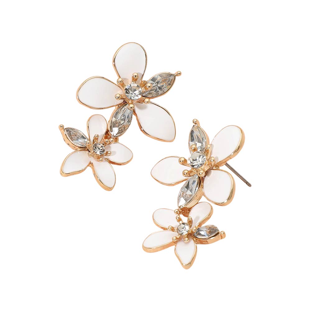 Stone Accent Enamel Double Flower Link Drop Earrings