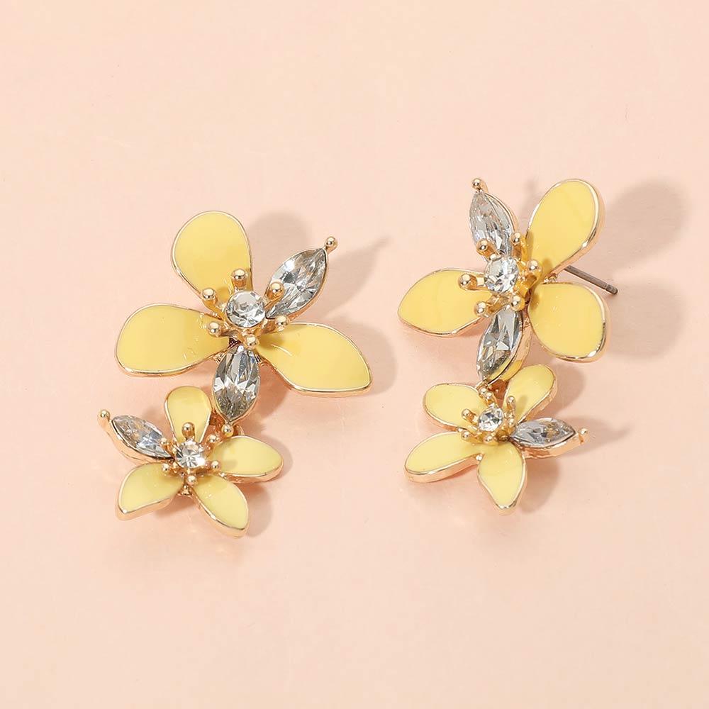 Stone Accent Enamel Double Flower Link Drop Earrings