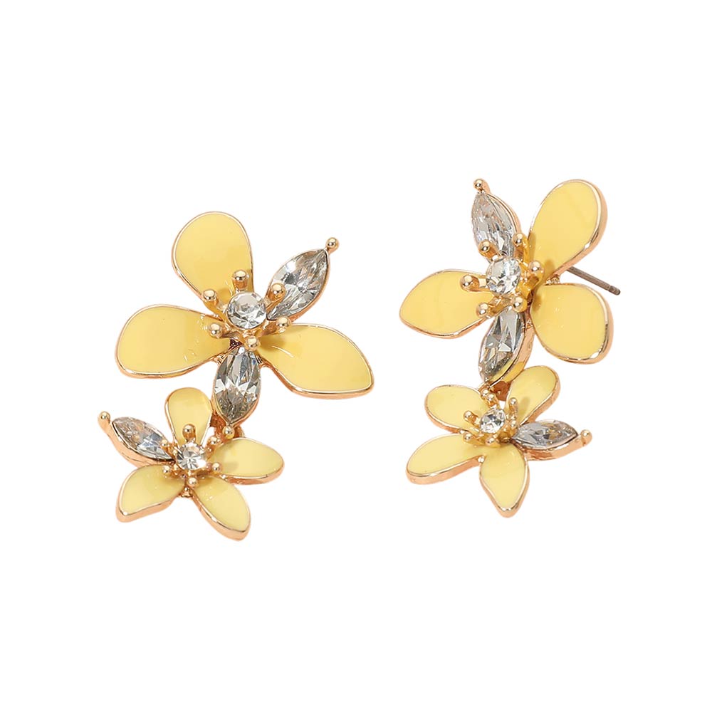 Stone Accent Enamel Double Flower Link Drop Earrings