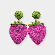 Woven Raffia Strawberry Charm Drop Dangle Statement Earrings