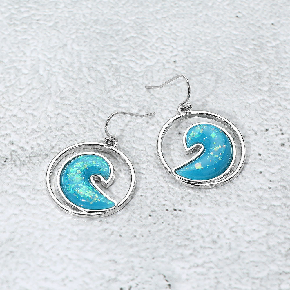 Glittered Enamel Accent Wave Dangle Earrings