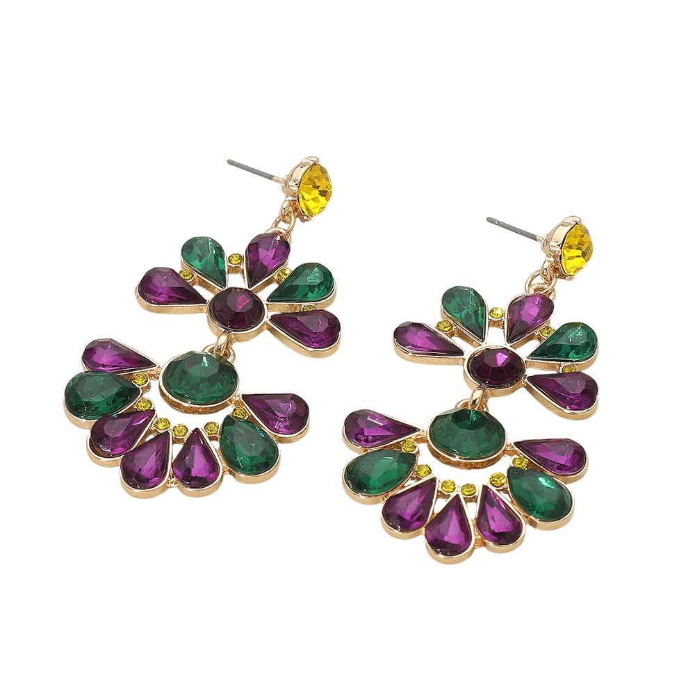 Mardi Gras Teardrop Cluster Petal Fan Drop Statement Earrings