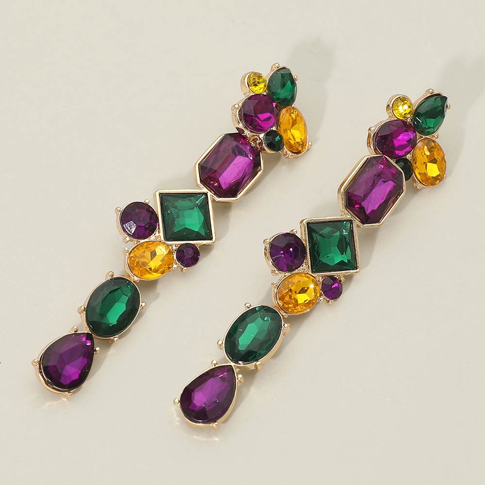 Mardi Gras Geometric Stone Cluster Link Drop Earrings