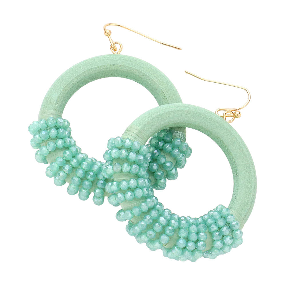 Faceted Bead Wrapped Open Wood Circle Dangle Earrings
