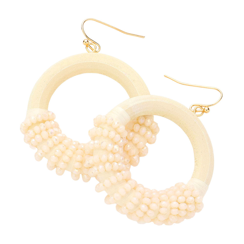 Faceted Bead Wrapped Open Wood Circle Dangle Earrings