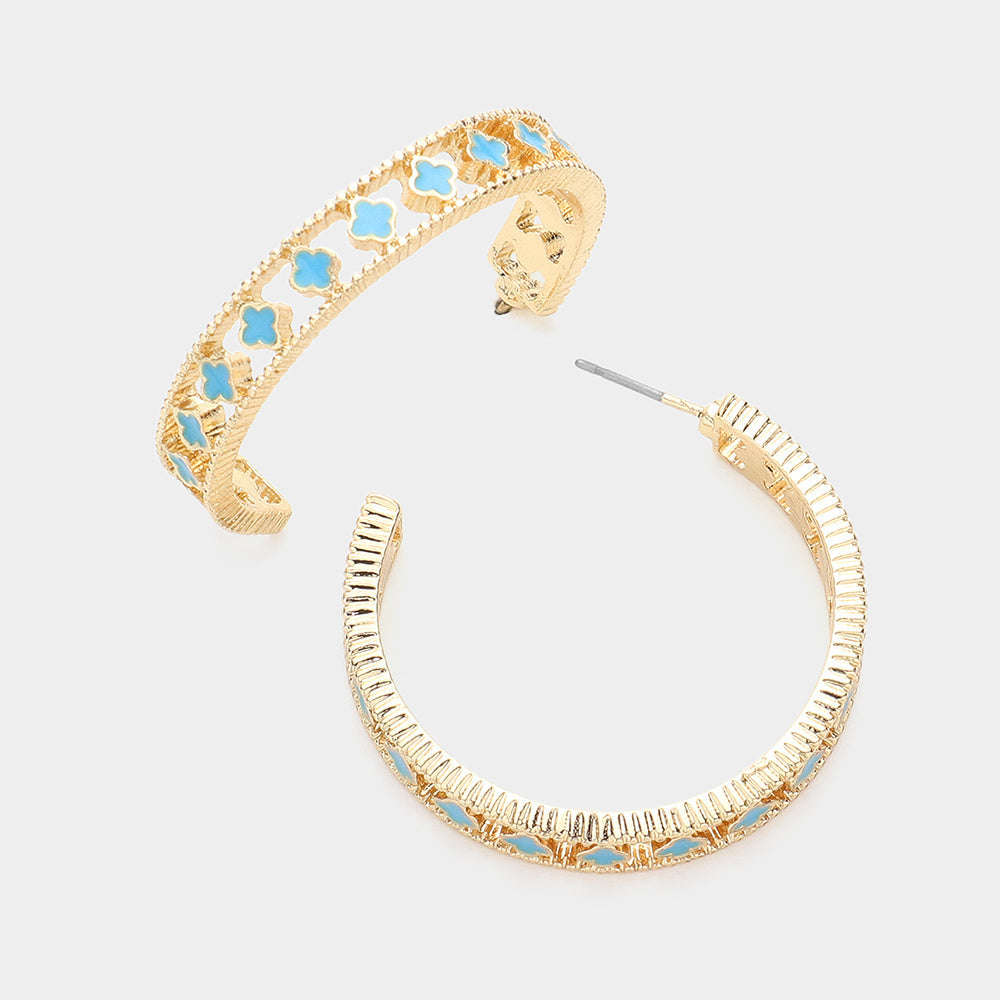 Enamel Quatrefoil Pointed Hoop Earrings