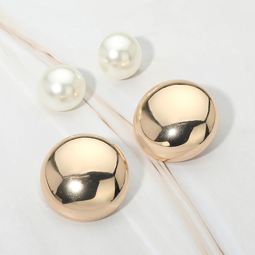 2Pairs - Polished Dome Pearl Dome Stud Earring Set