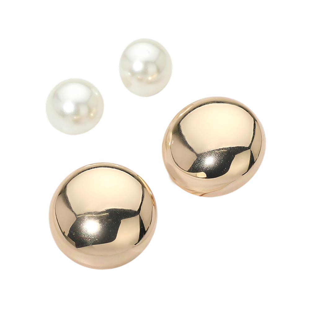 2Pairs - Polished Dome Pearl Dome Stud Earring Set