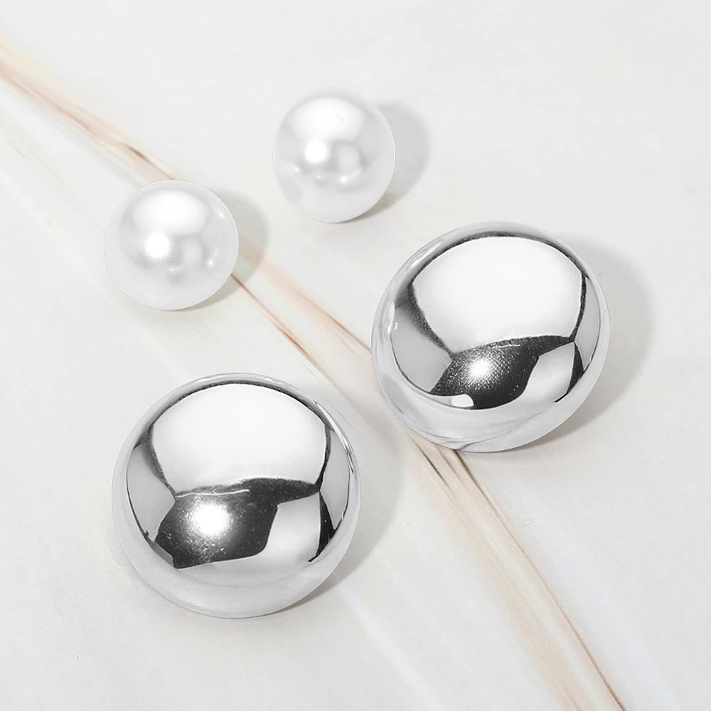 2Pairs - Polished Dome Pearl Dome Stud Earring Set