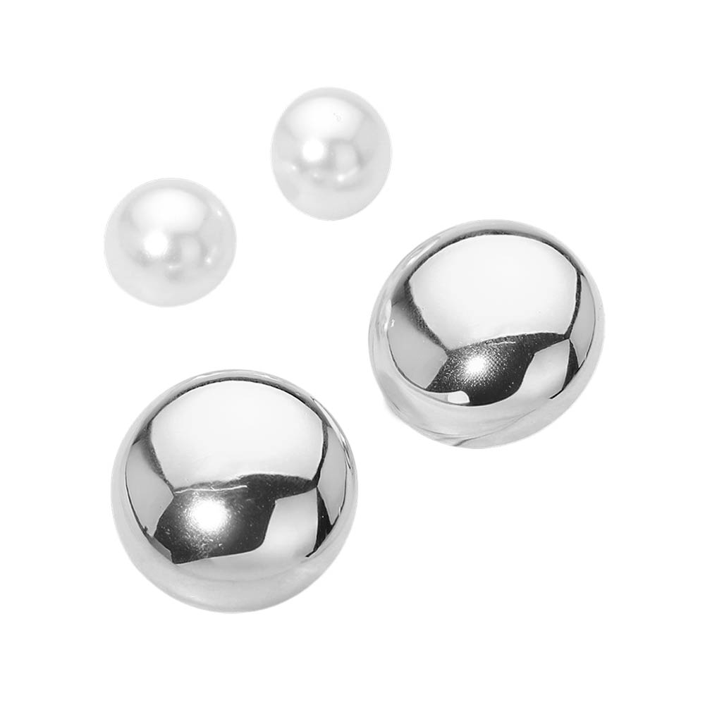 2Pairs - Polished Dome Pearl Dome Stud Earring Set