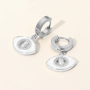 Stainless Steel Mother of Pearl CZ Stone Rim Virgin Mary Accent Evil Eye Charm Dangle Huggie Earrings