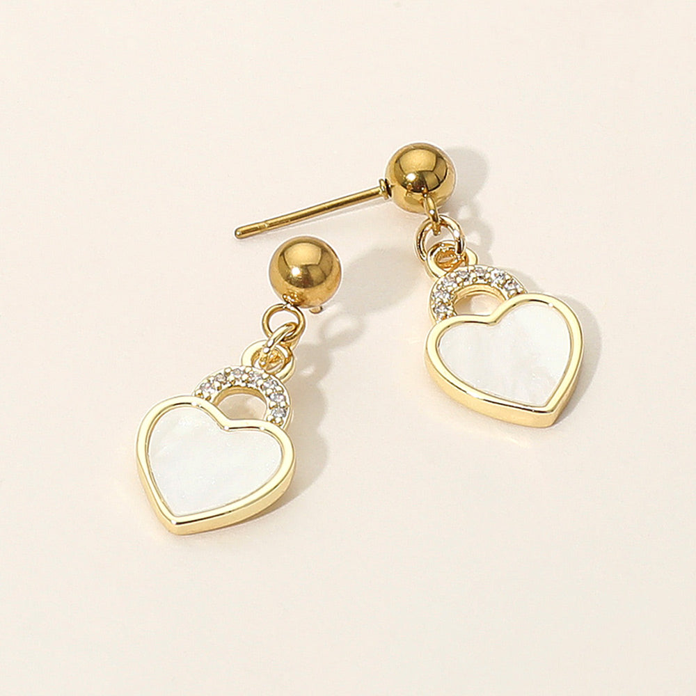 Stainless Steel CZ Stone Accent Mother of Pearl Heart Charm Dangle Earrings