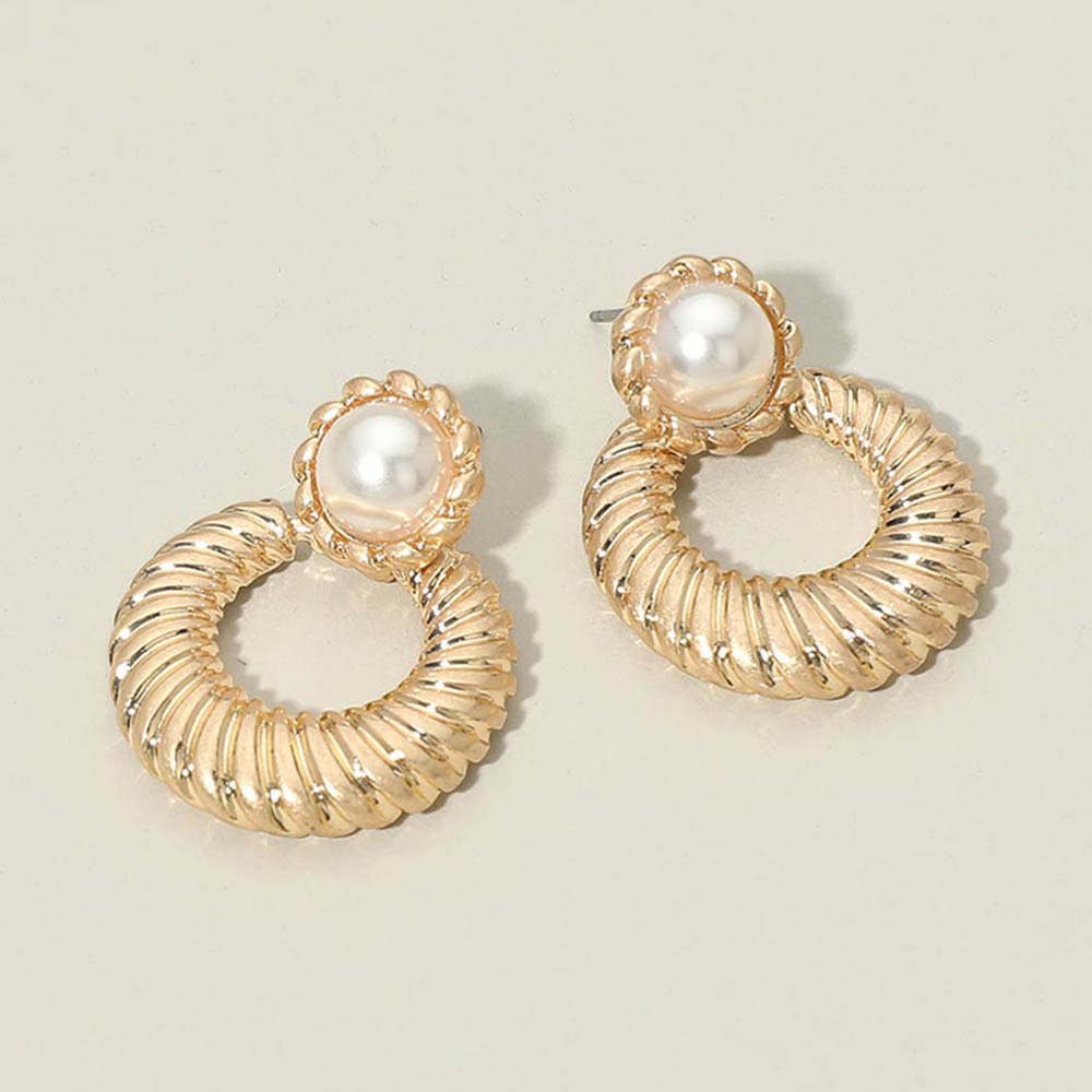 Pearl Accent Textured Ring Door Knocker Earrings