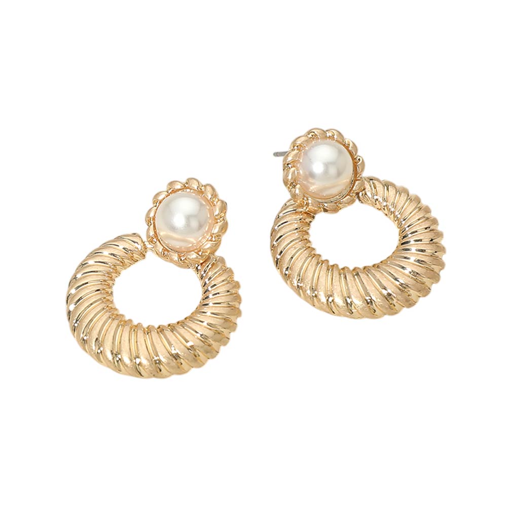Pearl Accent Textured Ring Door Knocker Earrings