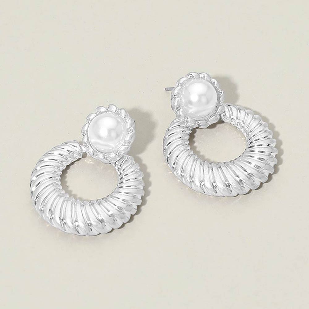 Pearl Accent Textured Ring Door Knocker Earrings