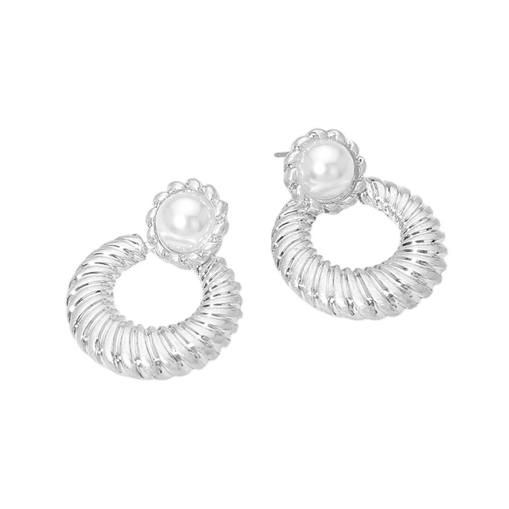 Pearl Accent Textured Ring Door Knocker Earrings