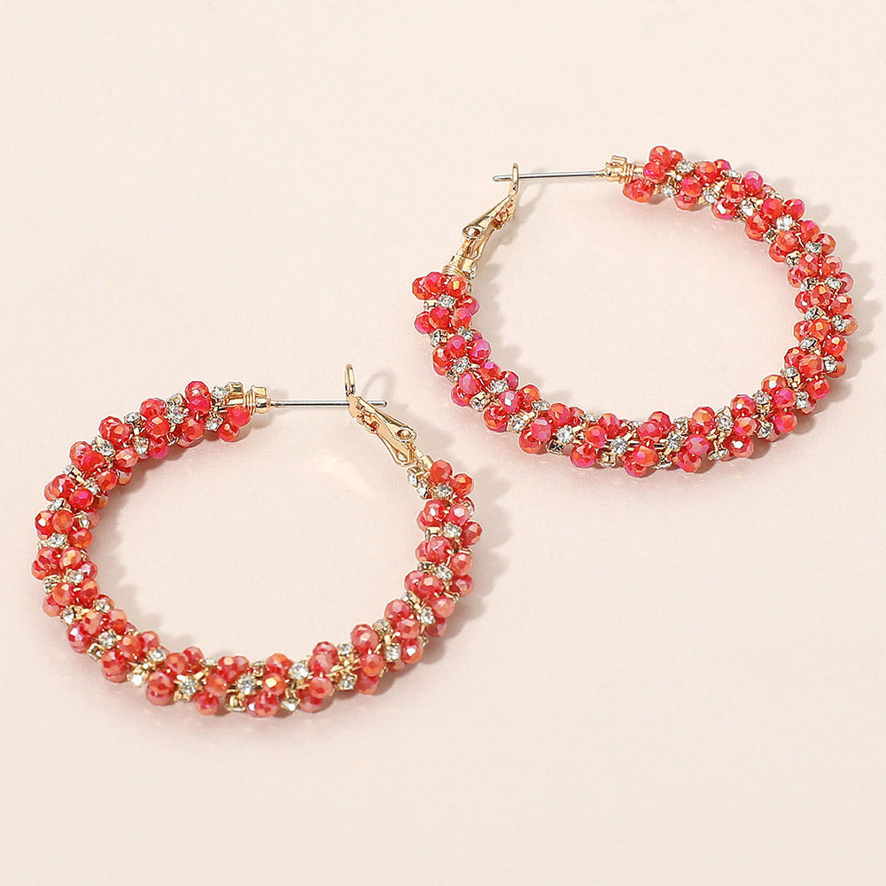 Faceted Beads Stones Wrapped Hoop Earrings