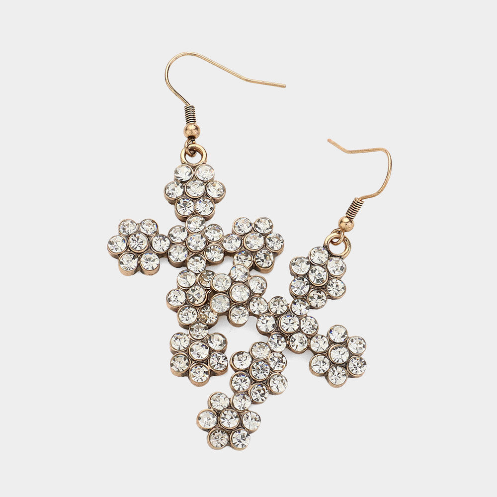 Stone Paved Flower Cross Dangle Earrings