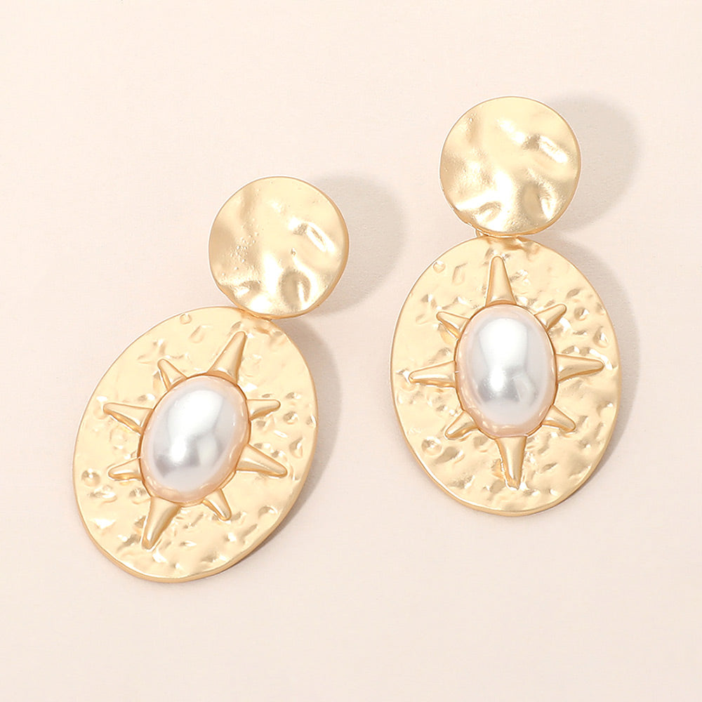 Oval Pearl Center Sunburst Accent Textured Disc Drop Earrings