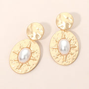 Oval Pearl Center Sunburst Accent Textured Disc Drop Earrings