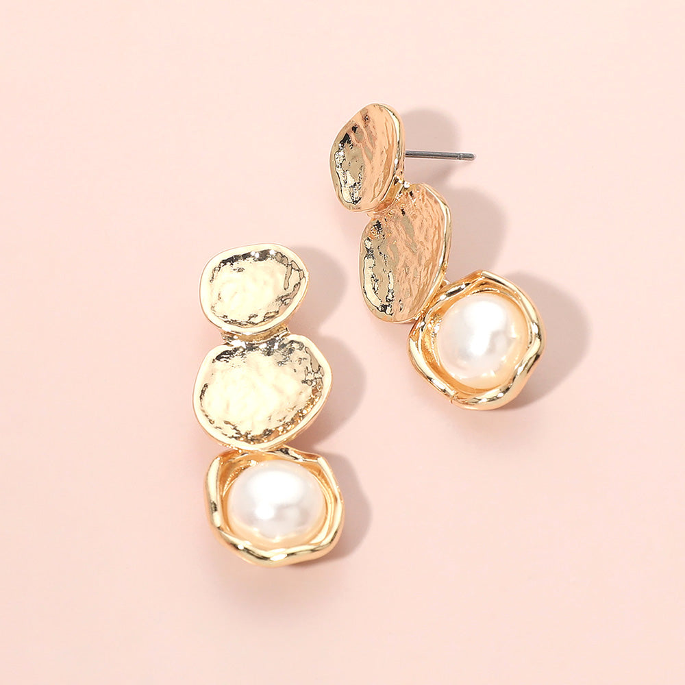 Sculpted Disc Pearl Frame Link Drop Earrings