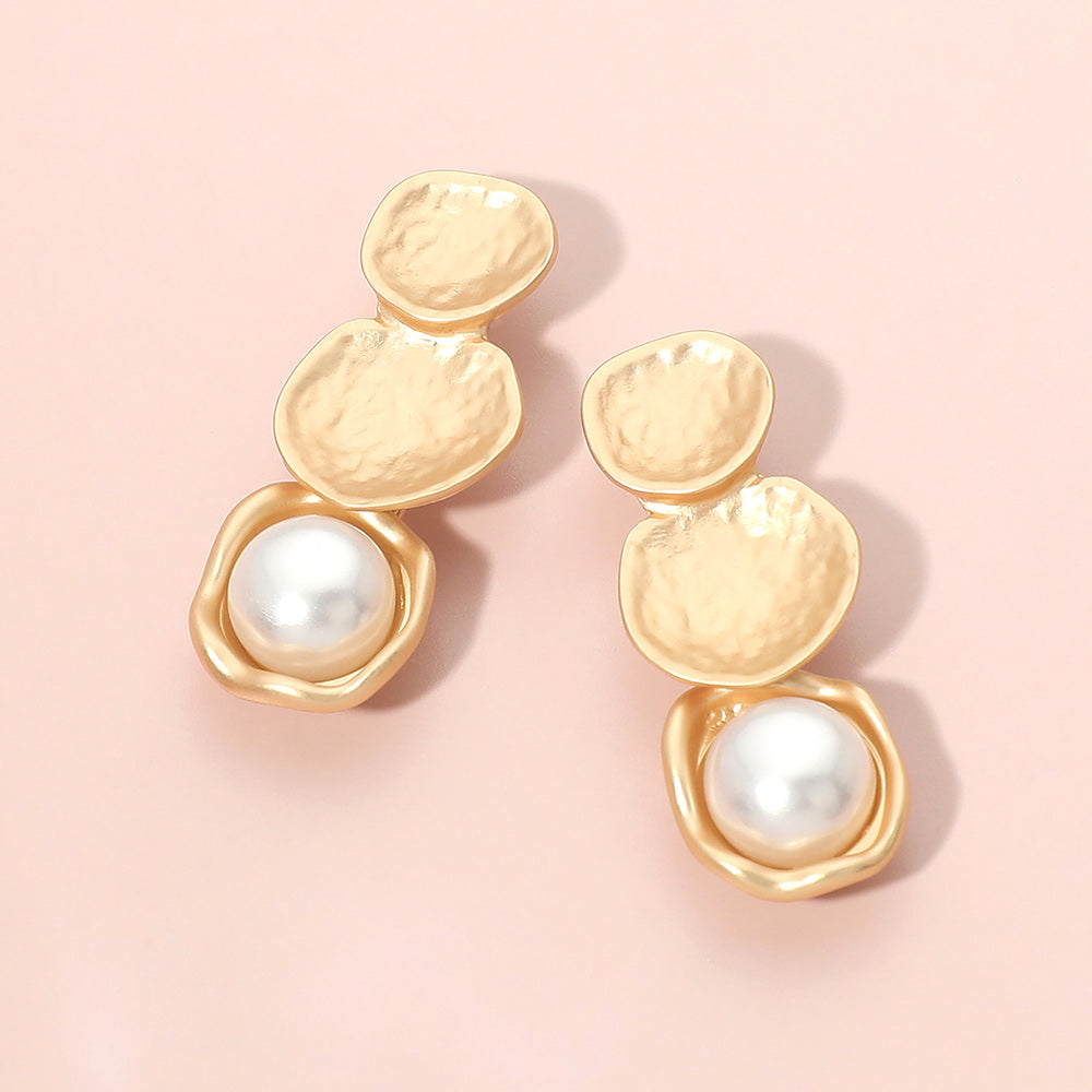 Sculpted Disc Pearl Frame Link Drop Earrings