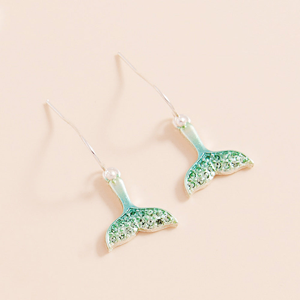 Stone Paved Colored Metal Whale Tale Dangle Earrings