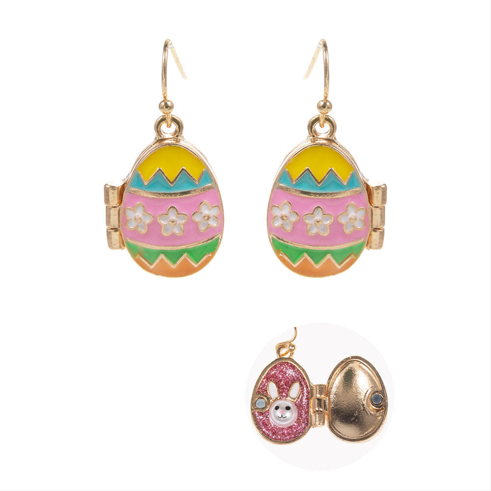 Easter Bunny Face Inside Egg Locket Drop Dangle Earrings