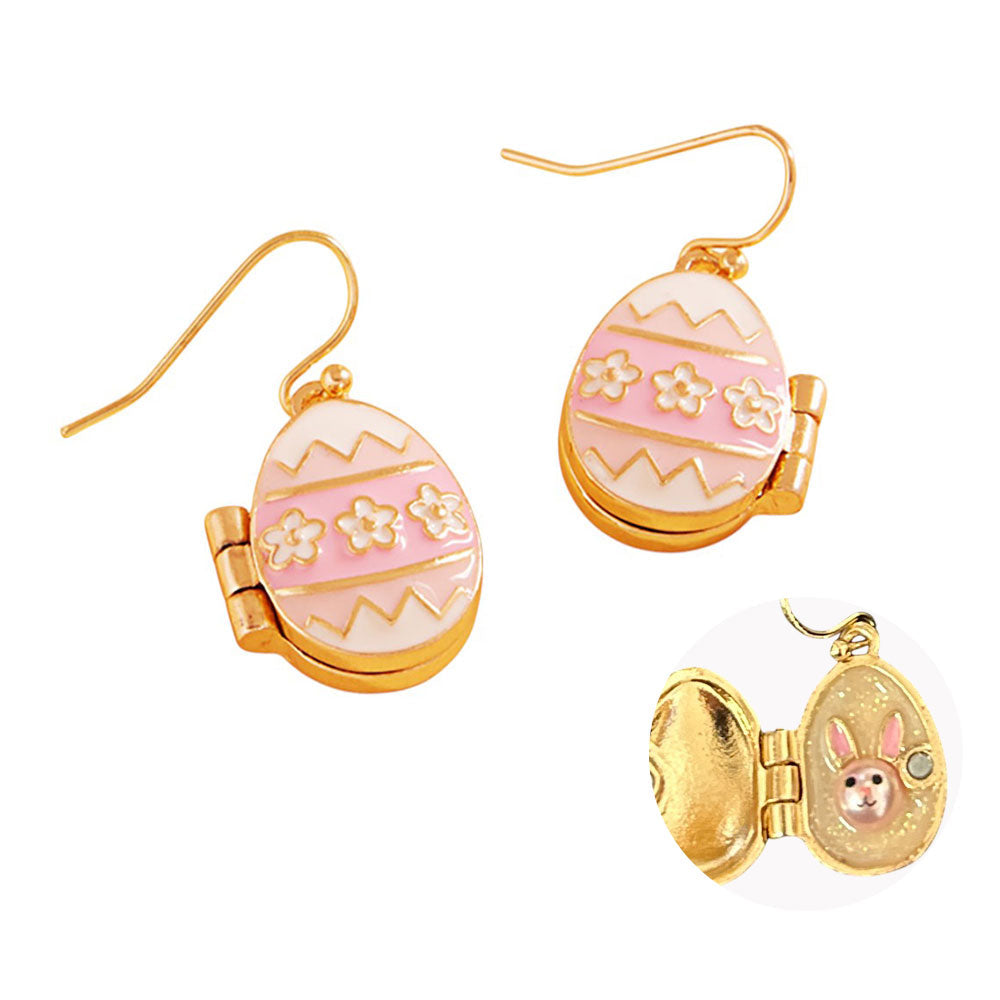 Easter Bunny Face Inside Egg Locket Drop Dangle Earrings