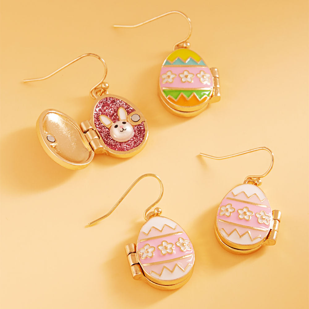 Easter Bunny Face Inside Egg Locket Drop Dangle Earrings