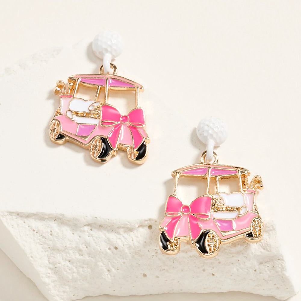Enamel Bow Accent Golf Cart Drop Dangle Earrings