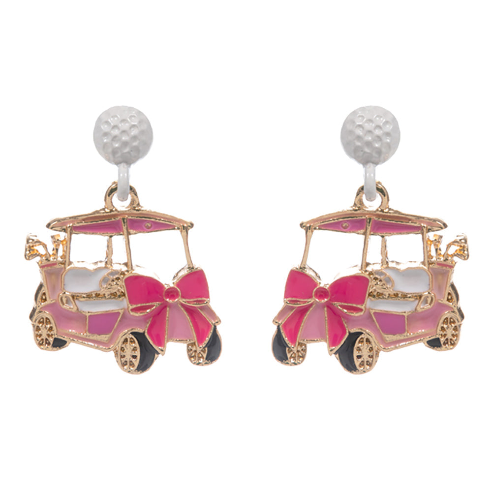 Enamel Bow Accent Golf Cart Drop Dangle Earrings