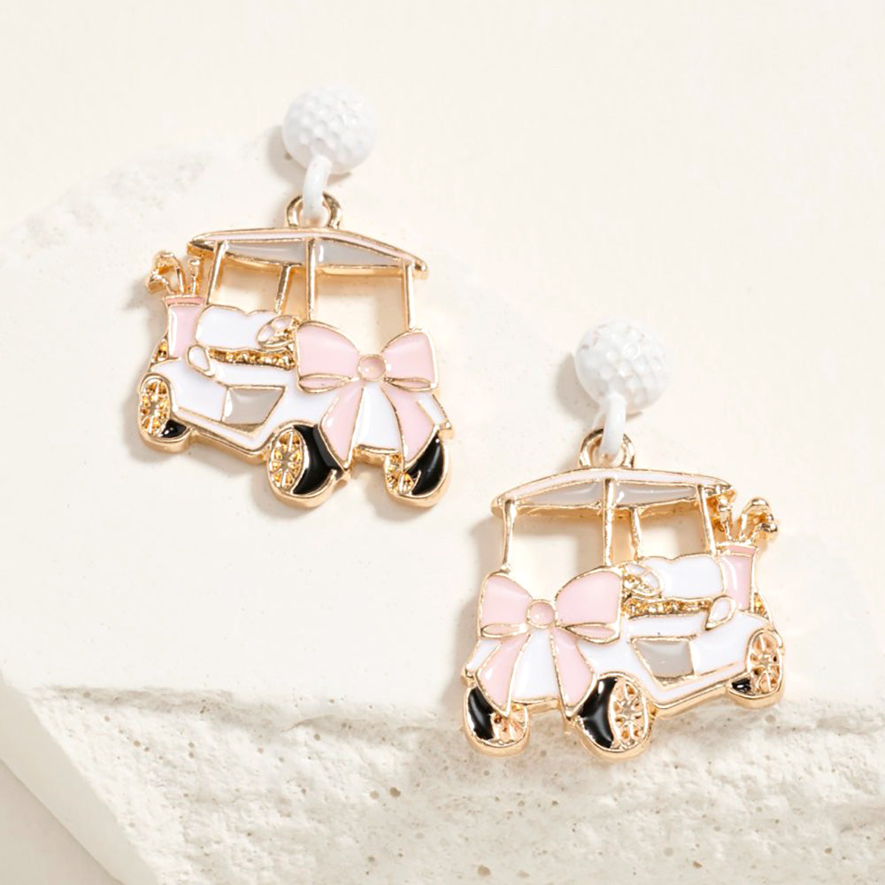 Enamel Bow Accent Golf Cart Drop Dangle Earrings