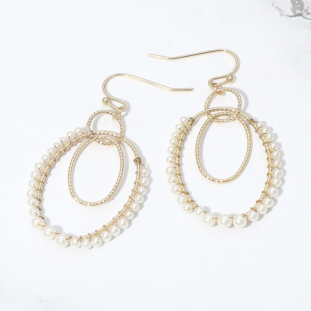 Pearl Beaded Rim Geometric Oval Link Drop Earrings