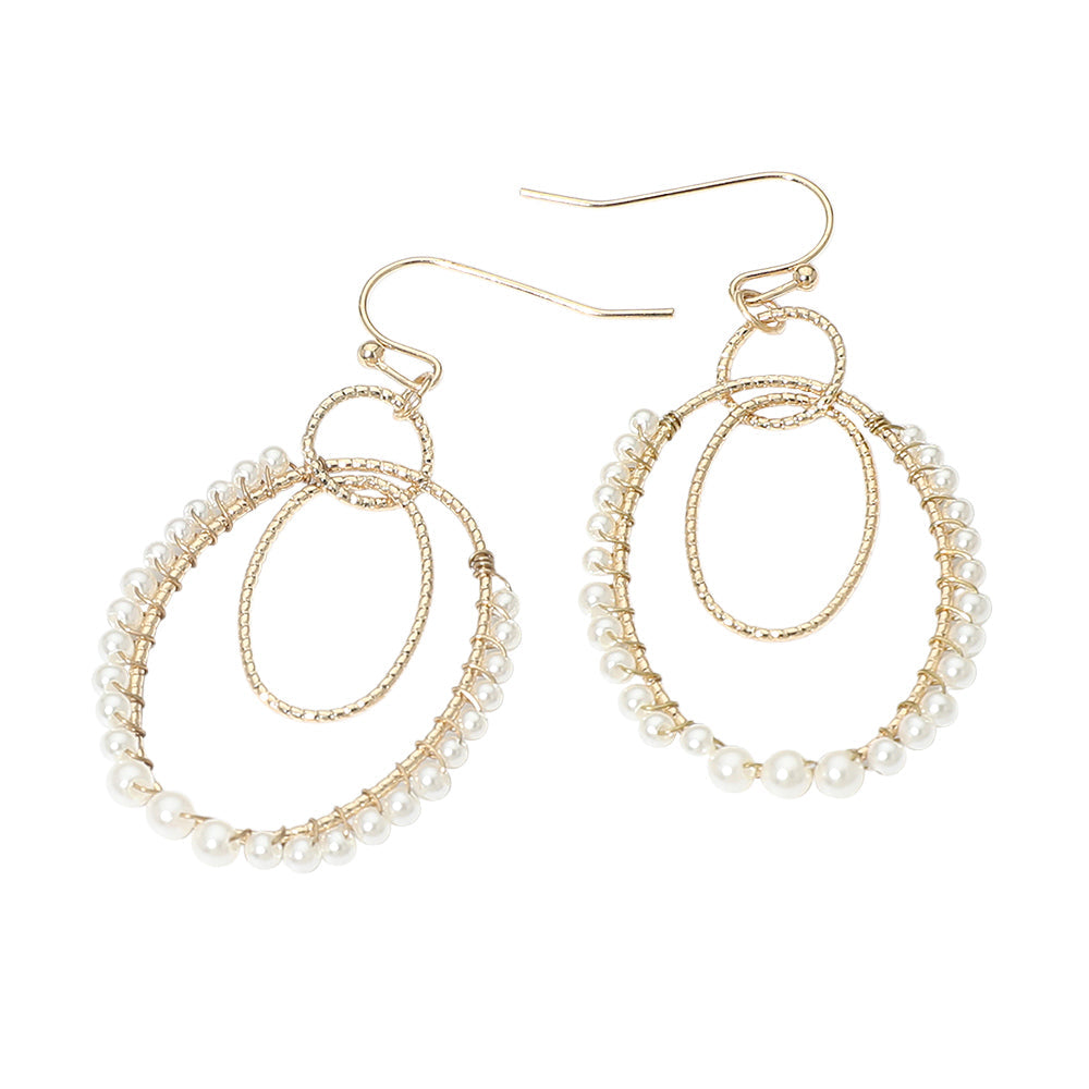 Pearl Beaded Rim Geometric Oval Link Drop Earrings