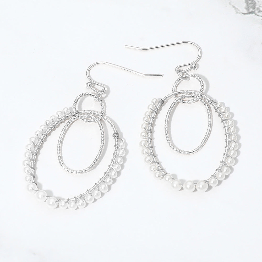 Pearl Beaded Rim Geometric Oval Link Drop Earrings
