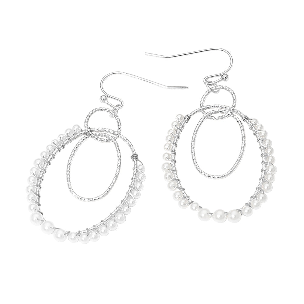Pearl Beaded Rim Geometric Oval Link Drop Earrings
